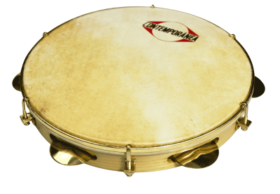 Pandeireta de madeira com pele natural e aro metálico dourado marca CONTEMPORANEA