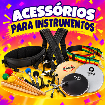 Acessórios para instrumentos musicais com baquetas, cintos e peles de tambor sobre fundo colorido