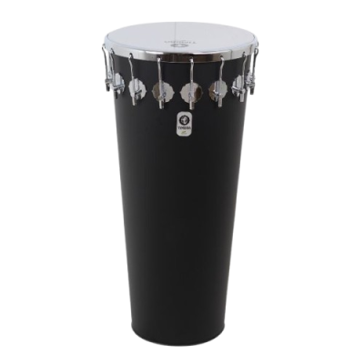 Tambor conga preto com pele branca e elementos metálicos prateados
