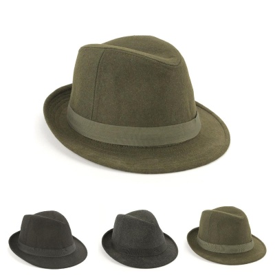 Três chapéus fedora em verde e cinza sobre fundo branco