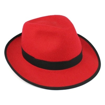 Chapéu fedora vermelho com faixa e bordas pretas