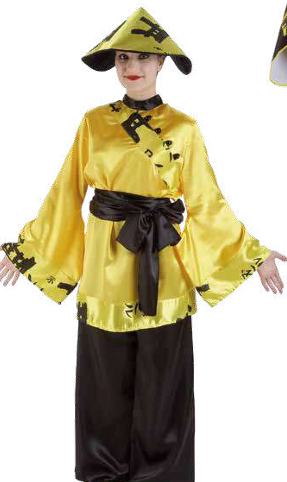 Fantasia com túnica amarela e preta, chapéu e calças largas pretas