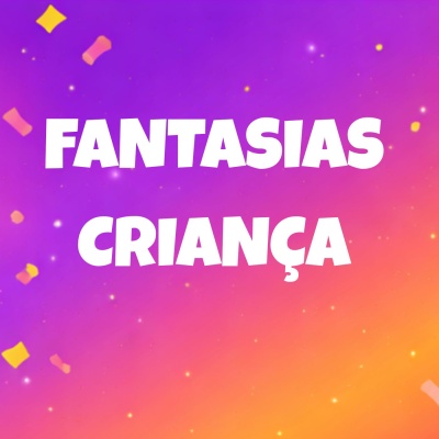 Texto branco FANTASIAS CRIANÇA em fundo roxo e laranja com confetes.