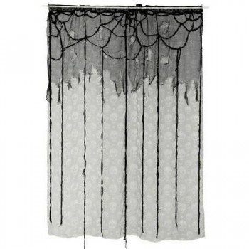 Cortina decorativa branca e preta com padrão de teia de aranha