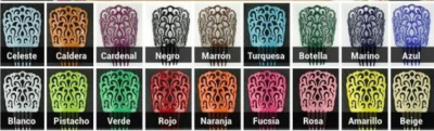 Amostras de carpetes coloridos com padrão de arabescos e nomes das cores