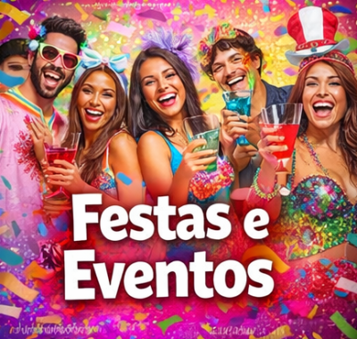 Jovens numa festa segurando copos coloridos com texto Festas e Eventos