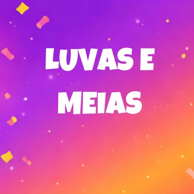 Texto LUVAS E MEIAS em fundo degradê roxo para laranja com elementos gráficos coloridos