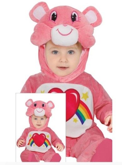 Fato criança cor-de-rosa com capuz de urso e padrão de coração e arco-íris no tronco