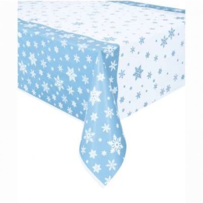 Toalha de mesa com flocos de neve brancos em fundo azul e branco