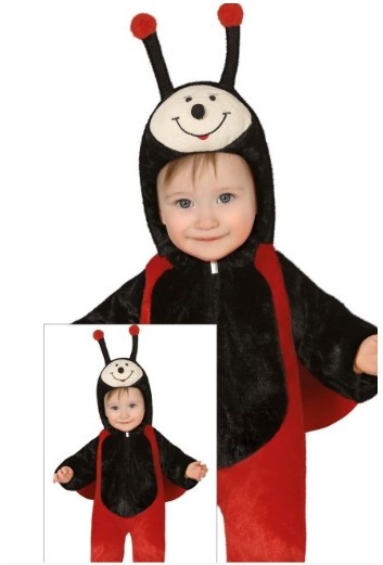 Fantasia de joaninha para criança em pelúcia vermelho e preto com capuz e antenas.