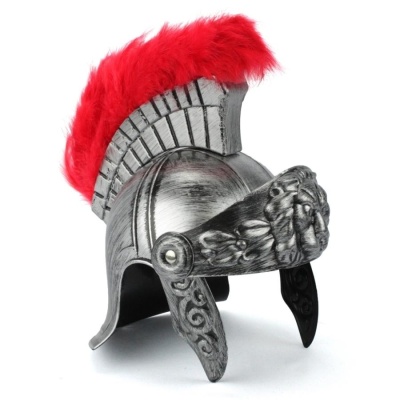Capacete romano metálico com crista vermelha
