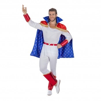 Fato de personagem branco, vermelho e azul com capa e botas