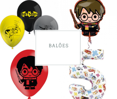 Conjunto de balões coloridos com temas de Batman, Harry Potter e número 5 com estampas variadas.