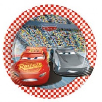Prato redondo com personagens do filme Cars numa pista de corrida
