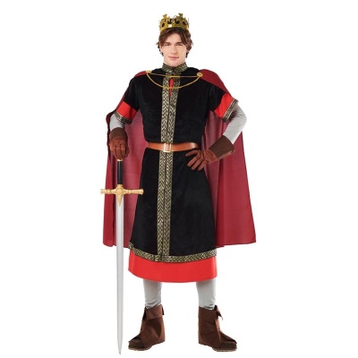 Fantasia de rei com túnica preta e vermelha, capa e coroa dourada