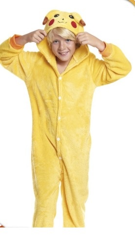 Macacão amarelo felpudo com capuz do Pikachu para criança