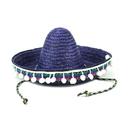 Chapéu sombrero azul escuro com pompons brancos e cordão ajustável.