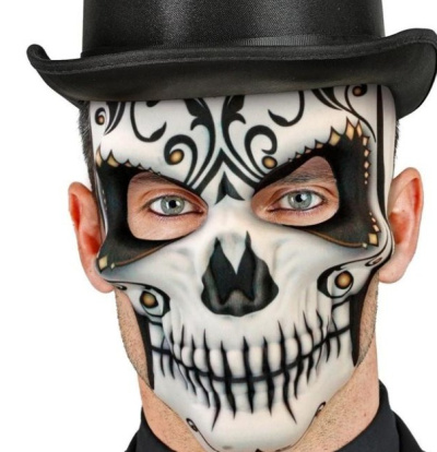 Máscara facial decorativa de caveira com chapéu preto
