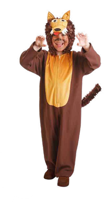 Fato integral de lobo ou cão castanho e amarelo com cauda e capuz com rosto.