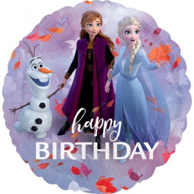 Balão redondo com personagens do Frozen e texto happy BIRTHDAY