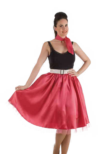 Mulher com saia vermelha acetinada, blusa preta e lenço vermelho