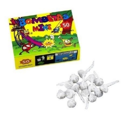 Caixa colorida de bombetas mini com desenhos e bombetas embrulhadas em papel branco