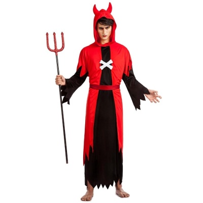 Fantasia de diabo vermelho e preto com chifres e tridente