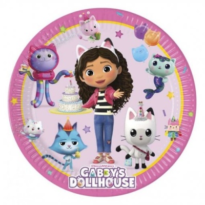 Prato descartável redondo rosa com personagens animados de Gabby's Dollhouse