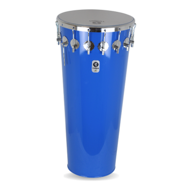 Timbal azul com aro cromado e pele cinza com texto.