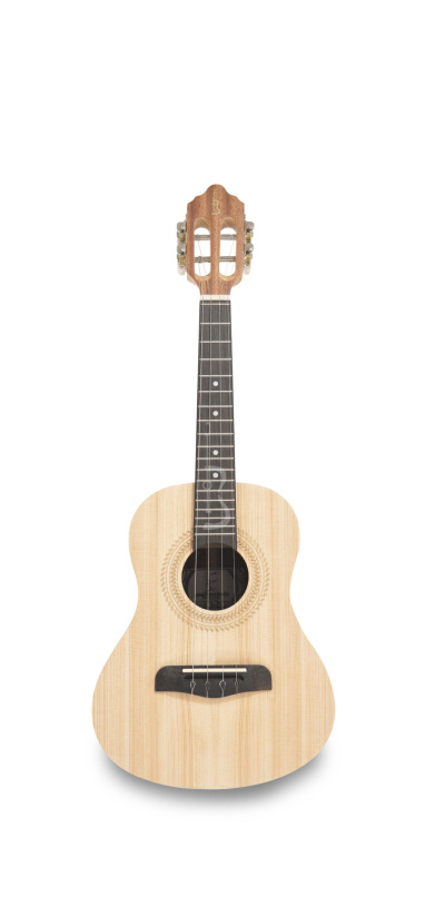 Ukulele clássico de madeira clara com detalhes escuros e cordas