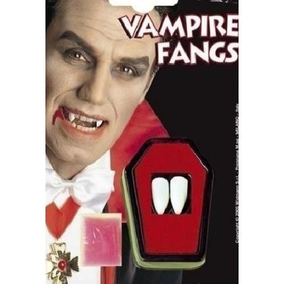 Adereço dentário de presas de vampiro em estojo vermelho em forma de caixão na embalagem com imagem de vampiro