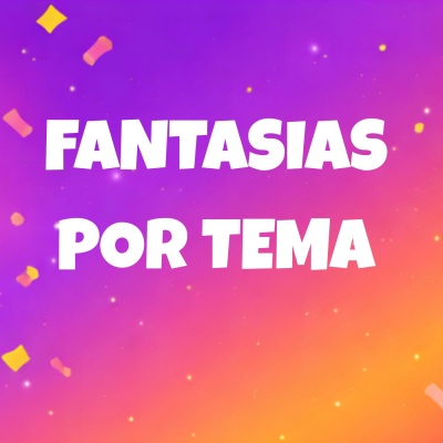 Fundo em gradiente roxo para laranja com confetes e texto FANTASIAS POR TEMA em branco
