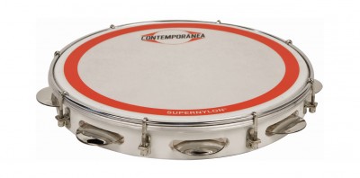 Pandeireta branca com aro vermelho e corpo metálico prateado