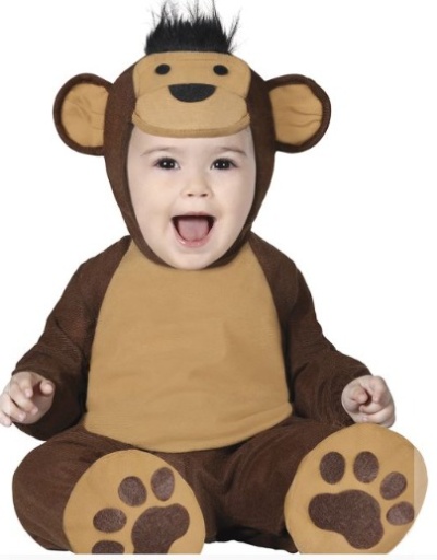 Fantasia de macaco para crianças, castanha com bege e detalhes de patas no pé.