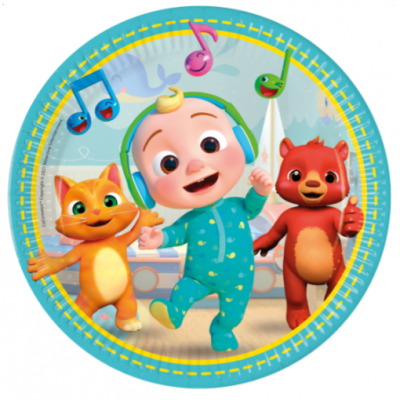 Prato redondo azul com bebé animado, gato e ursinho e notas musicais