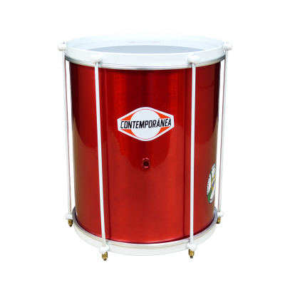 Tambor metálico vermelho com aros brancos e cordas brancas e logótipo CONTEMPORÂNEA