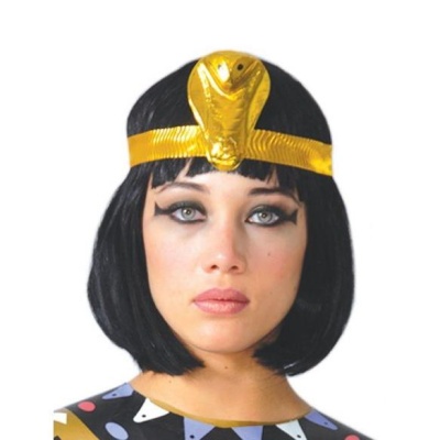 Adereço de cabeça dourado em forma de cobra com cabelo preto curto