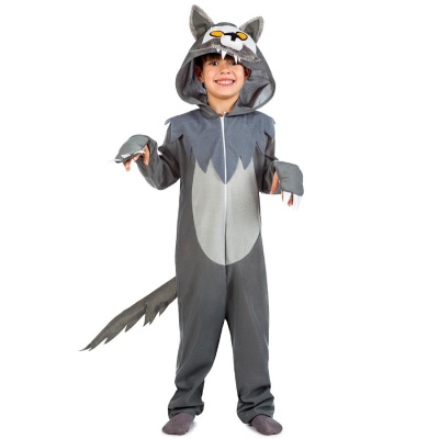Fato de lobo cinzento infantil com capuz, luvas e cauda