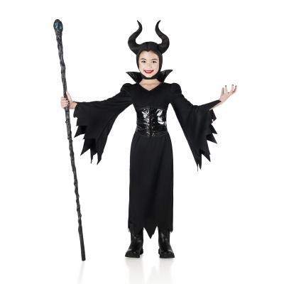 Fato infantil preto de Malévola com vestido, chifres e varinha