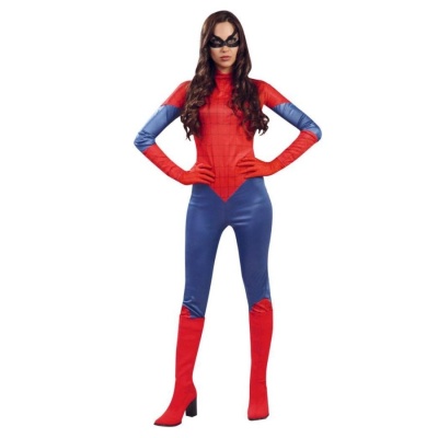 Fato de corpo inteiro inspirado no Homem-Aranha em vermelho e azul com máscara preta