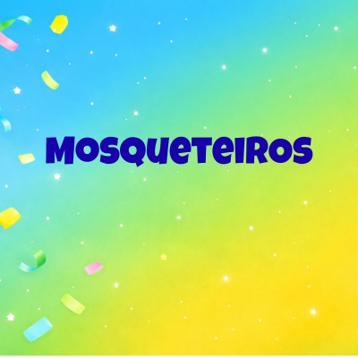 Fundo gradiente colorido com texto MOSQUETEIROS em azul no centro