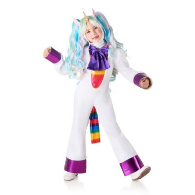 Fato de unicórnio infantil com cores branco, roxo e arco-íris e peruca colorida