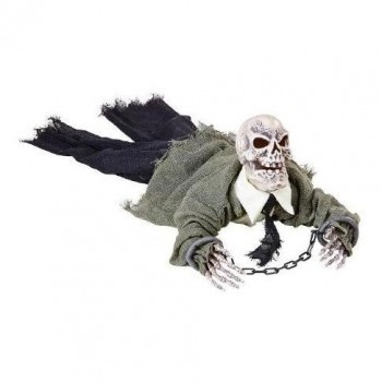 Decoração de esqueleto vestido a rastejar com algemas