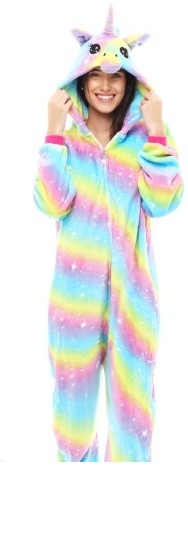 Macacão pijama unicórnio arco-íris com capuz felpudo e zíper frontal