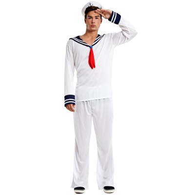 Fato de marinheiro masculino branco com detalhes azuis e vermelhos