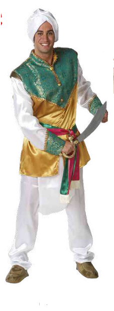 Fantasia de adulto com túnica dourada e verde, calças brancas, turbante branco, cinto colorido e espada de plástico.