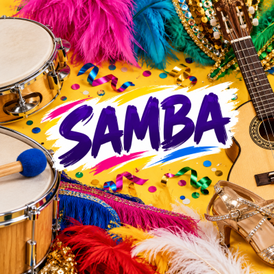 Instrumentos e adereços coloridos de samba com a palavra SAMBA em destaque