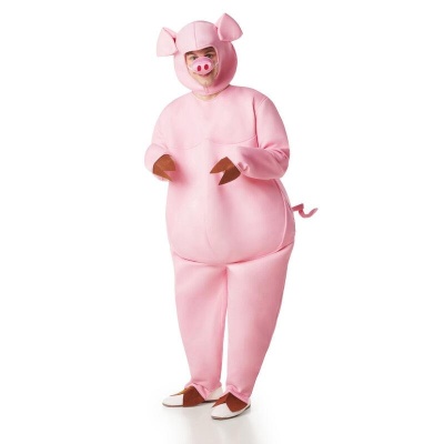 Pessoa vestida com fato rosa de porco com orelhas, nariz e cauda