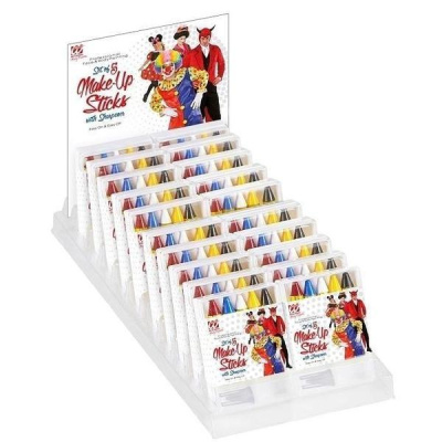 Expositor com sticks de maquilhagem coloridos em embalagens com personagens e texto em inglês