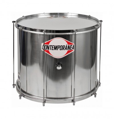 Tambor metálico prateado com pele branca e etiqueta CONTEMPORÂNEA